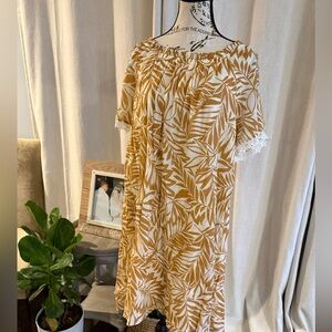 Yellow Leaf Print Off-Shoulder Dress